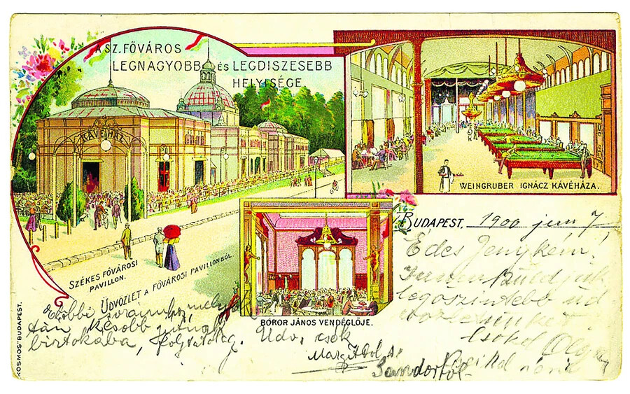 Postai képes levelezőlap az 1896-os millenniumi ünnepségek alkalmából, a budapesti Városligetben épült Székes Fővárosi Pavilon látképével