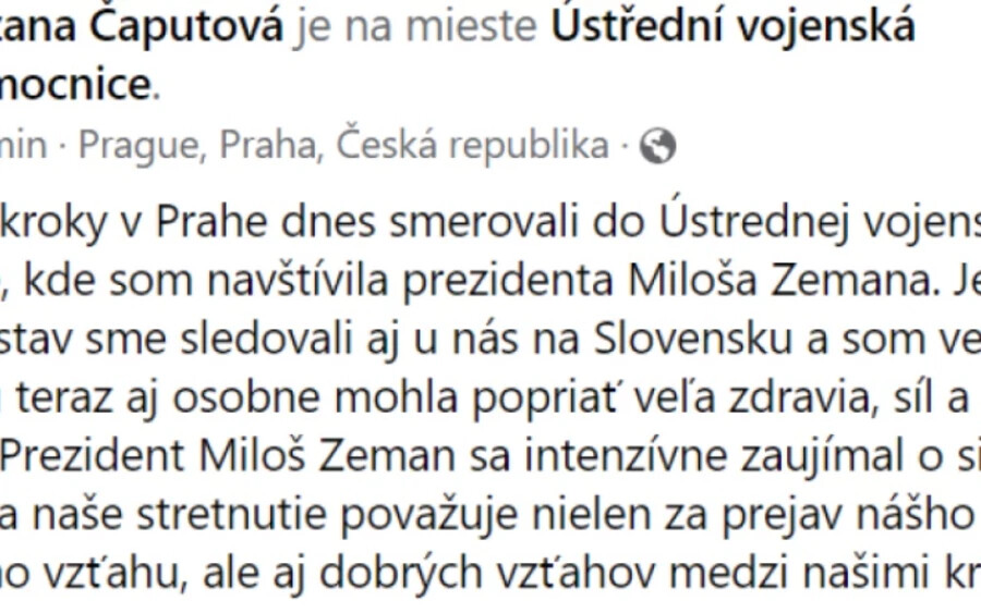 Čaputová Facebook-bejegyzésében közölte, hogy első útja a kórházba vezetett, ahol a köztársasági elnöknek személyesen is mielőbbi jobbulást kívánhatott.