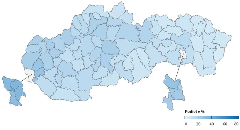 A Progresszív Szlovákia választási eredménye járások szerint.