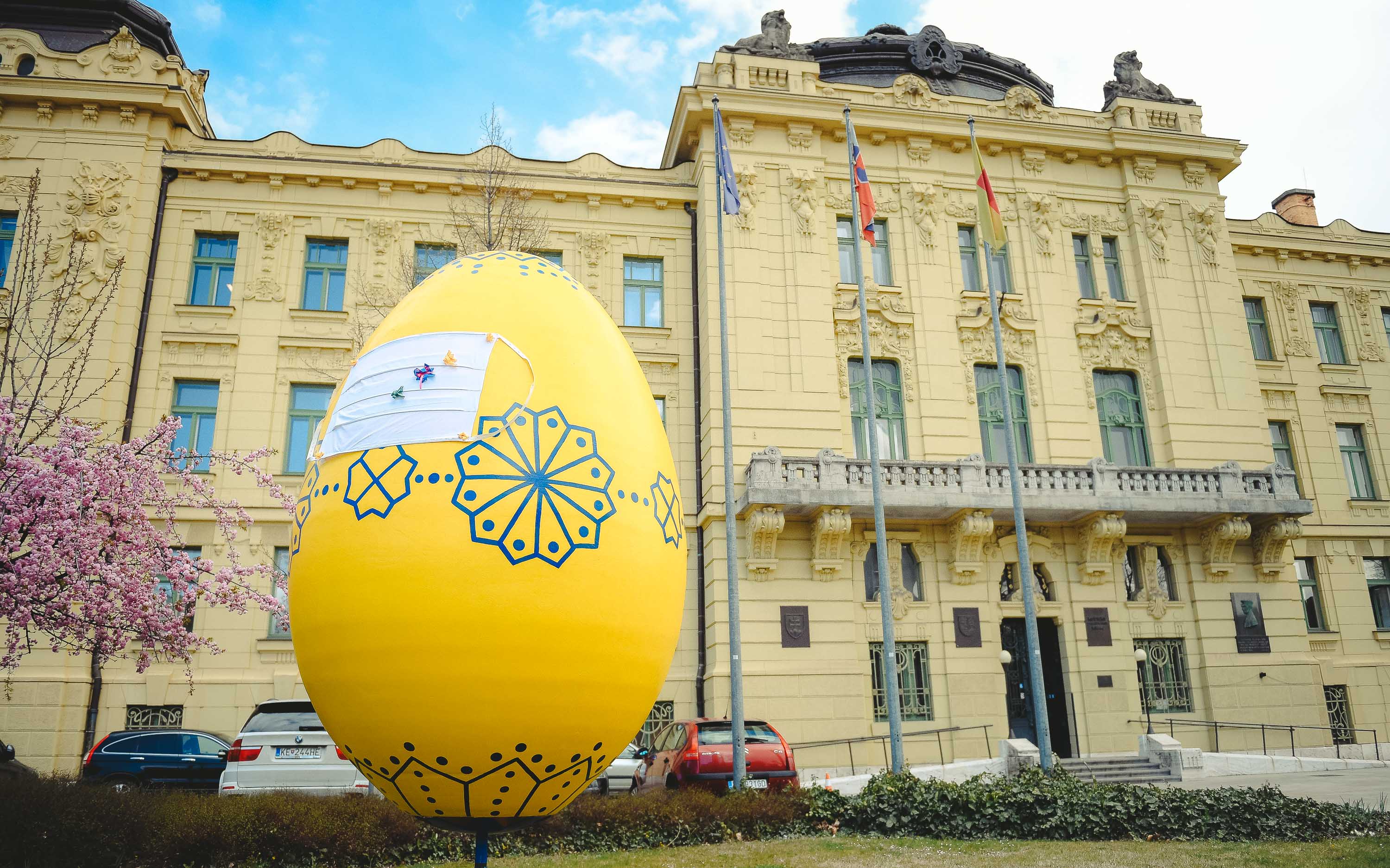 A citromsárga hímes tojást a megyei hivatal bejárata előtt állították fe