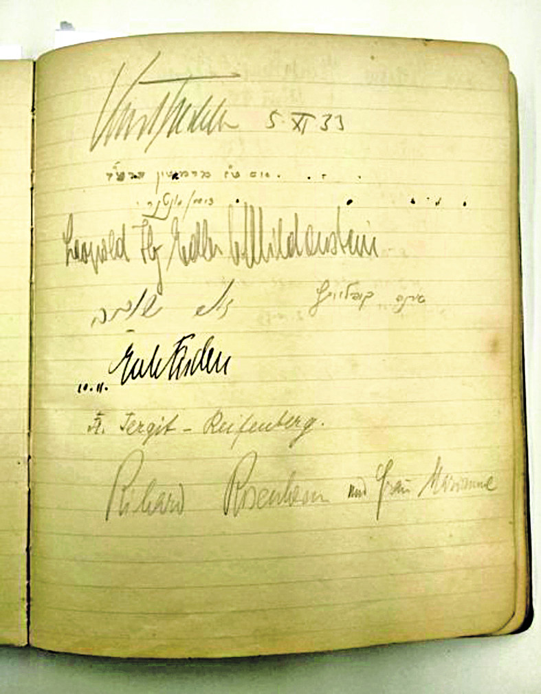 Mildenstein aláírása Mose Jákov Ben-Gavriel vendégkönyvében (Fotók: National Library of Israel)