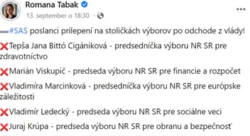 Tabák máshogy emlékszik a történtekre, ő arról beszélt a novycas.sk-nak, hogy Cigániková támadt rá, ő csak védekezett, hogy megállítsa képviselőtársát. Hozzátette, reméli, hogy Cigániková még azelőtt lemond a parlament egészségügyi bizottságának elnöki posztjáról, hogy a parlament hívná őt vissza a funkcióból. 