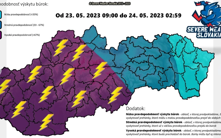 Nyugat felől keddről szerdára virradó éjszaka zivatarok vonulnak át térségünkön, amelyek a kora reggeli órákban érkeznek meg. A helyzet szerdán sem javul, mivel egy hidegfront vonul be Szlovákia fölé, és több napig itt marad. Ennek következtében minden nap zivatarokra számíthatunk, keddtől kezdve egyre gyakrabban és intenzívebben.