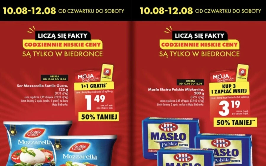 A szlovák árakhoz képest a vásárlók például egy csomag mozzarellát is sokkal kedvezőbb áron vásárolhatnak. Ha kettőt vesznek, darabonként csak 1,49 zlotyit fizetnek, ami 0,33 euró.