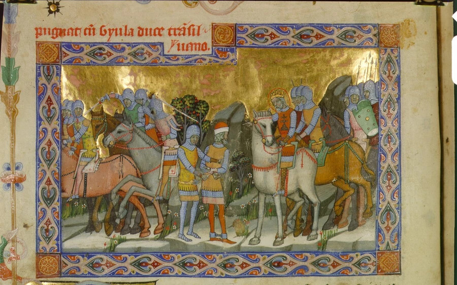 István győzelme anyai nagybátyja, Gyula vezér felett 1003-ban Erdélyben – a Képes krónika ábrázolása