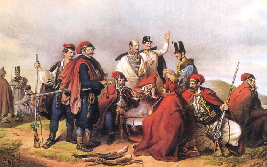 Jellačić harcosai között a schwechati csata előtt Josef Kriehuber és Johann Höfelich színezett litográfiáján
