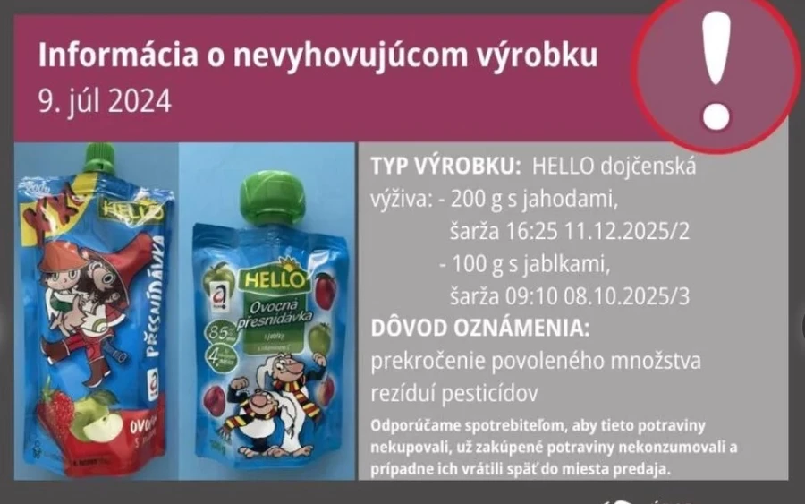 A hivatal hozzátette, hogy laboratóriumi vizsgálatokkal 0,01 mg/kg-ot meghaladó mennyiségben mutattak ki növényvédőszer-maradványokat (foszetil-Al, klorát) a bébiételekben. Ez a mérték meghaladja a jogszabályokba foglalt határértéket, ezért nem tekinthető biztonságosnak. Az ellenőrök hozzátették, az élelmiszerek Szlovákiában is forgalomban lehetnek, ezért azt tanácsolják a fogyasztóknak, ne vásároljanak belőle, vagy vigyék vissza őket az eladás helyére.