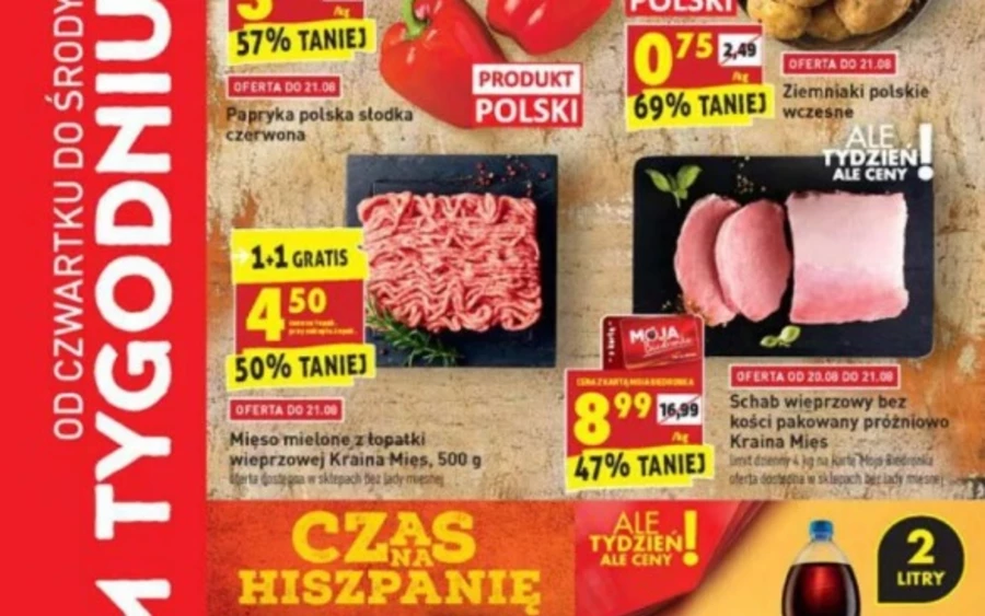 A Biedronka rendkívül alacsony árakat kínál. Például a paprikát kilónként 80 centért, a burgonyát kilónként mindössze 16 centért, a kétliteres szénsavas Pepsit pedig mindössze 96 centért árulja.