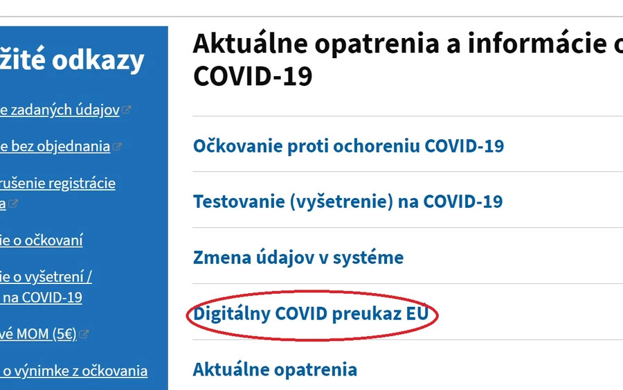 A korona.gov.sk oldalon legörgetve az „Aktuálne opatrenia a informácie o COVID-19” menüpontnál kattintson a „Digitálny COVID preukaz EÚ” pontra. 
