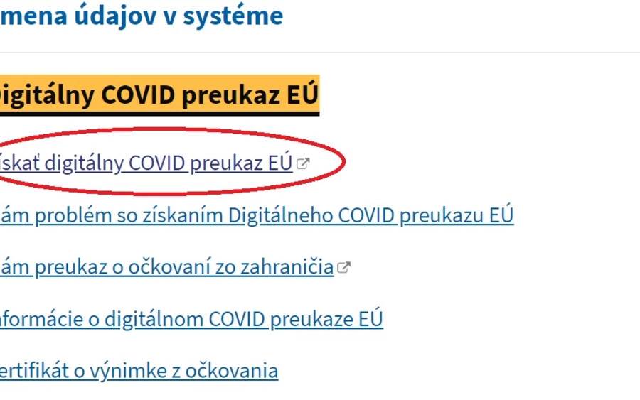 Ezután válassza ki a „Získať digitálny COVID preukaz EÚ” pontot. 