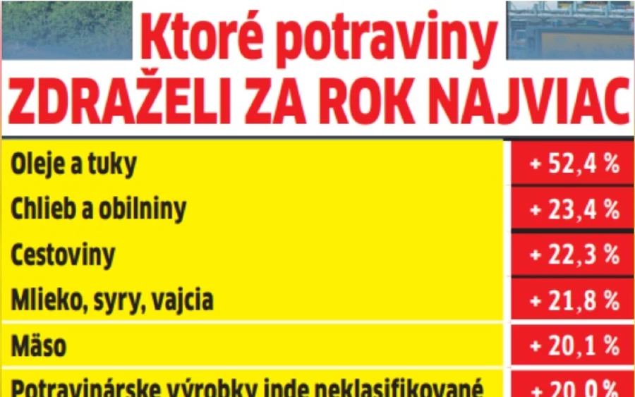 A fogyasztói árak már az ötödik egymást követő hónapban kétszámjegyű ütemben emelkedtek. A szlovák háztartások legnagyobb kiadásait az élelmiszerek és a lakhatás az előző évhez képest csaknem egyötödével drágultak. 