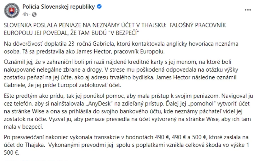 „Az áldozat félve a következményektől elmondta a csalónak, hogy mennyi pénz van a számláján, és hol lakik. James Hector ezt követően tájékoztatta Gabrielát, hogy az Europol majd letiltja a számláját" - írták. A továbbiakban Hector felajánlotta, hogy segít a nőnek hozzáférni a pénzéhez...