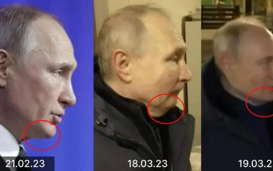 A február 21-én Moszkvában készült képen Putyin kisebb állal és vékonyabb nyakkal látható, míg az egy hónappal később készült felvételen feltűnő tokája van. Egy harmadik, másnap készült fényképen a Kreml vezetője kissé markánsabb állal látható,