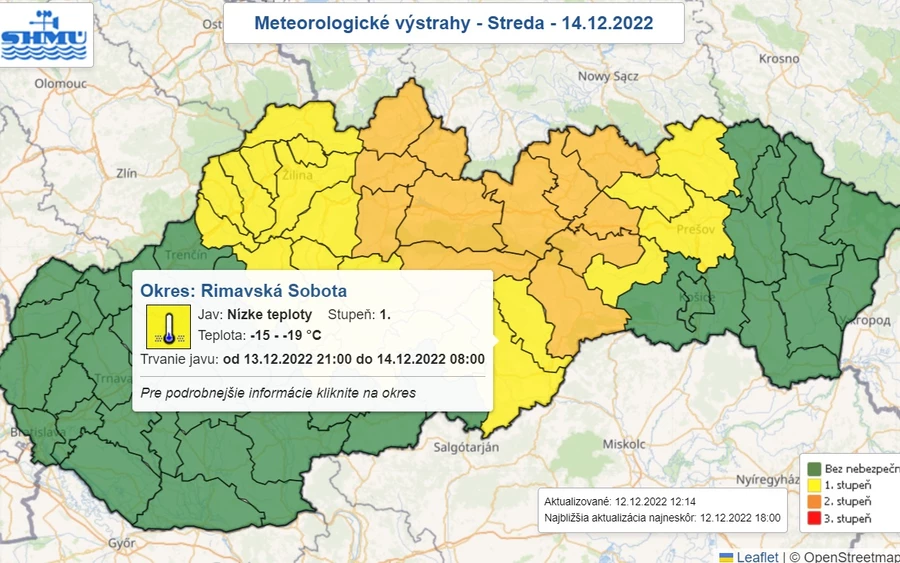 Több járásban szerda (december 14.) éjjel akár -15-19 Celsius-fokig is lecsökkenhet a hőmérséklet. „A hideg hőmérséklet potenciális veszélyt jelent az emberi egészségre és a szabadtéri fizikai tevékenységekre” – közölték a meteorológusok.