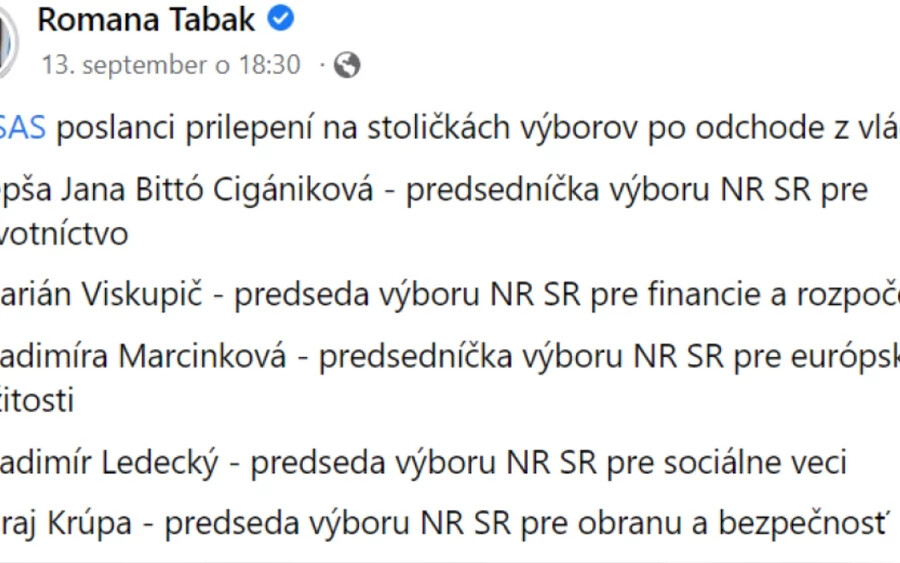 Tabák máshogy emlékszik a történtekre, ő arról beszélt a novycas.sk-nak, hogy Cigániková támadt rá, ő csak védekezett, hogy megállítsa képviselőtársát. Hozzátette, reméli, hogy Cigániková még azelőtt lemond a parlament egészségügyi bizottságának elnöki posztjáról, hogy a parlament hívná őt vissza a funkcióból. 