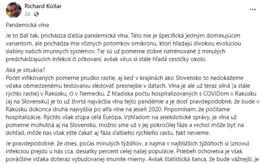 Valószínű, hogy a következő hetekben lakosságunk mintegy tíz százaléka (újra)fertőződik. "A betegség lefolyása azonban az eddig kialakult immunitásnak köszönhetően többnyire enyhe" - írta Kollár. Ezért nem kell tartani a korlátozásoktól vagy a lezárásoktól – mondta.