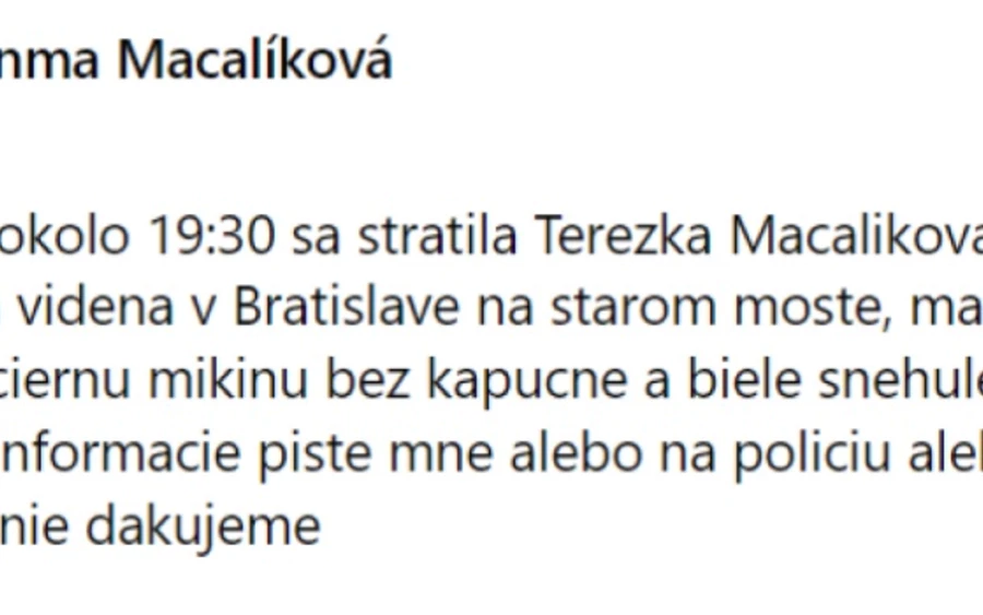 Legutóbb fekete melegítőnadrágot, fekete, kapucni nélküli pulóvert és fehér, szőrmés hócsizmát viselt. Terézia nem Pozsonyban lakik, középiskolás, a fővárosban csak barátját látogatta meg.