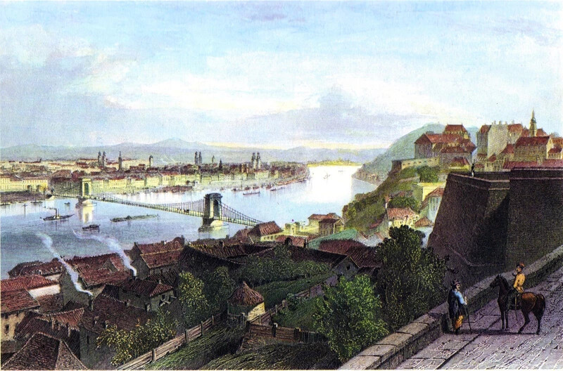 Pest és Buda látképe a Lánchíddal és a Dunával, 1850 körül. Adolphe Rouargue francia festő képe. (Forrás: Wikipedia)