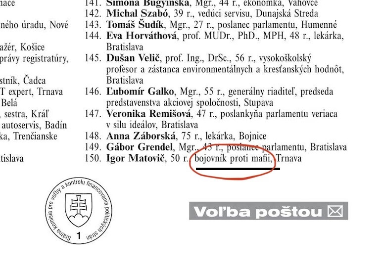 A hivatalos postai szavazólapon feltüntetett foglalkozás Igor Matovič nevénél: "maffia elleni harcos"