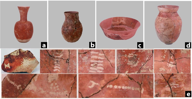A Csiaotouban előkerült reprezentatív kerámiatípusok: a) és b) hosszú nyakú korsó; c) tál; (d) korsó; (e) A csiaotoui kerámia festett mintái