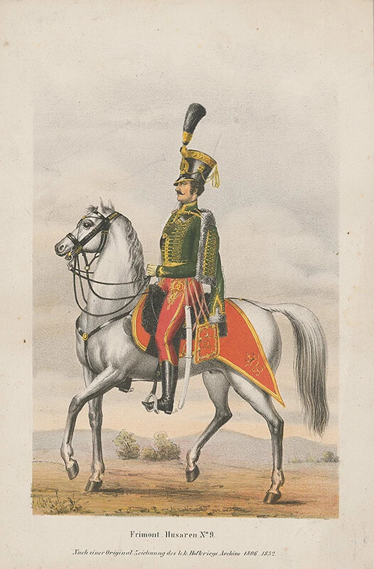 Magyar Frimont-huszár. A 9. huszárezred tulajdonosa 1806–1831 között Frimont János volt.