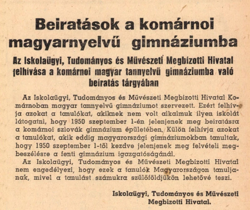 1950 – Az Új Szóban hirdetés jelent meg a szeptemberben nyíló magyar gimnáziumról